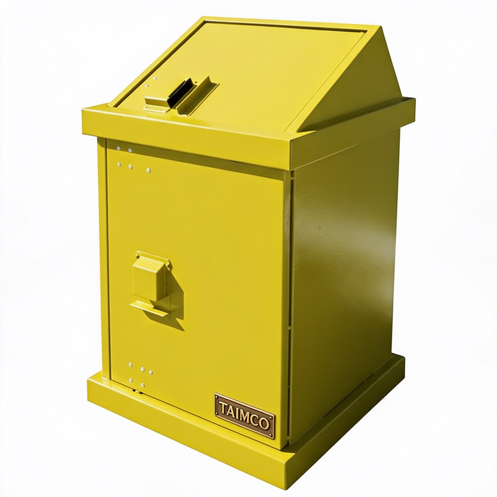 Commercial single‑compartment trash bin featuring angled deposit slot and TAIMCO label