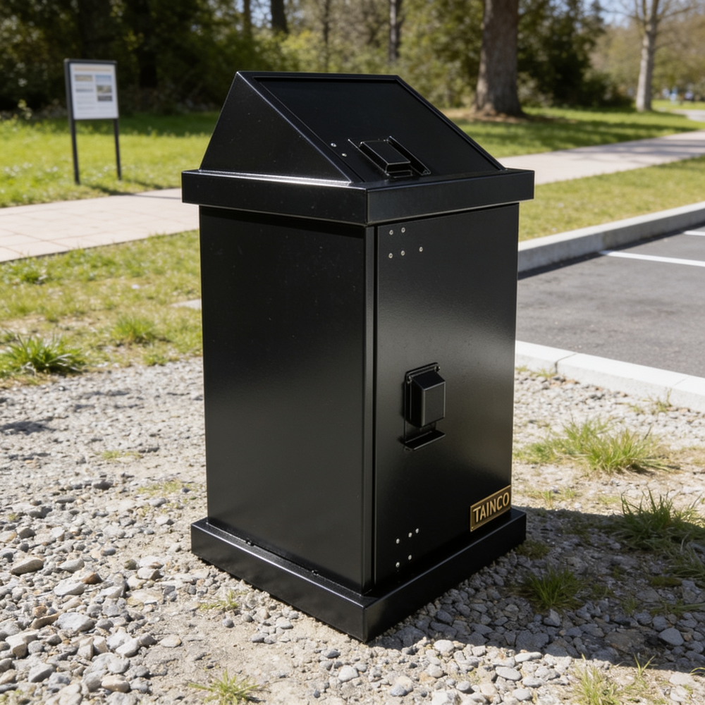 Durable steel trash bin designed with angled opening and compact front door