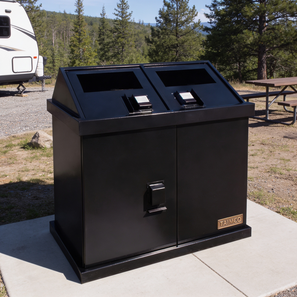 Black dual‑compartment outdoor waste bin with angled top openings