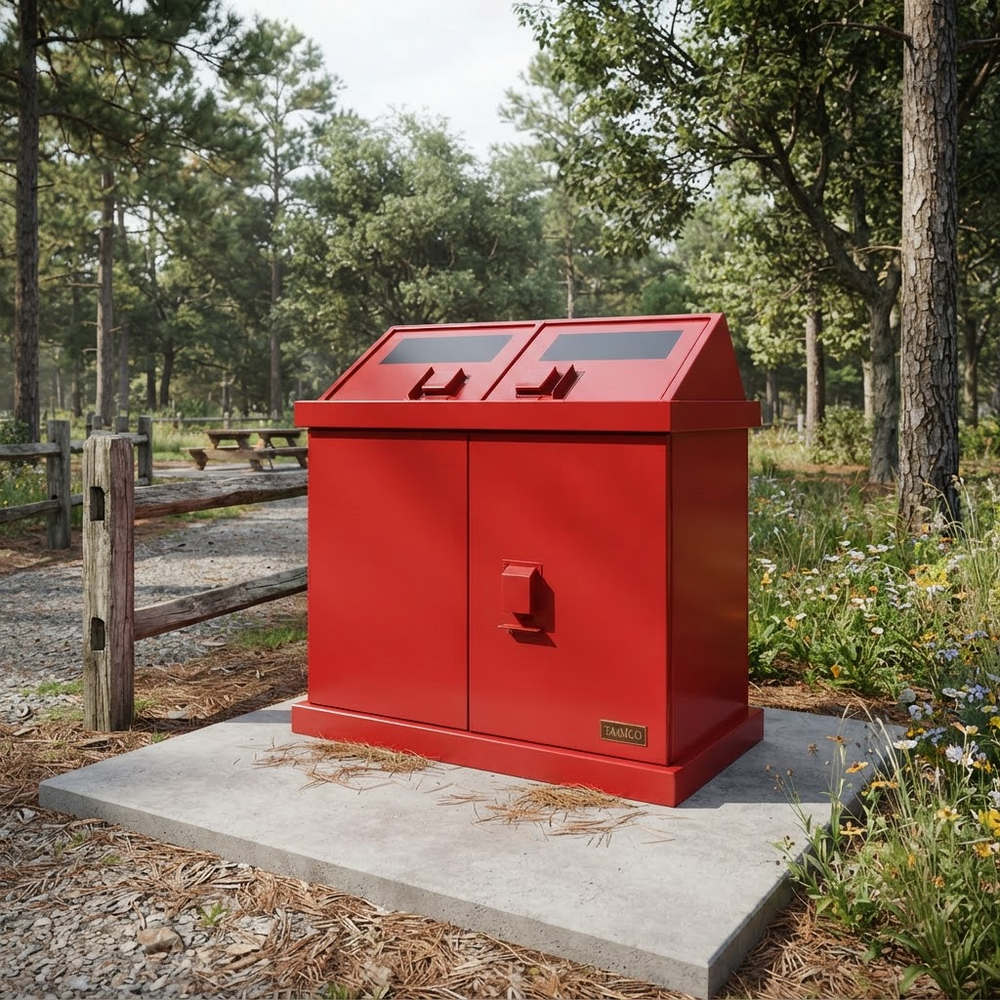 Metal double trash enclosure with front access doors and wide loading slots