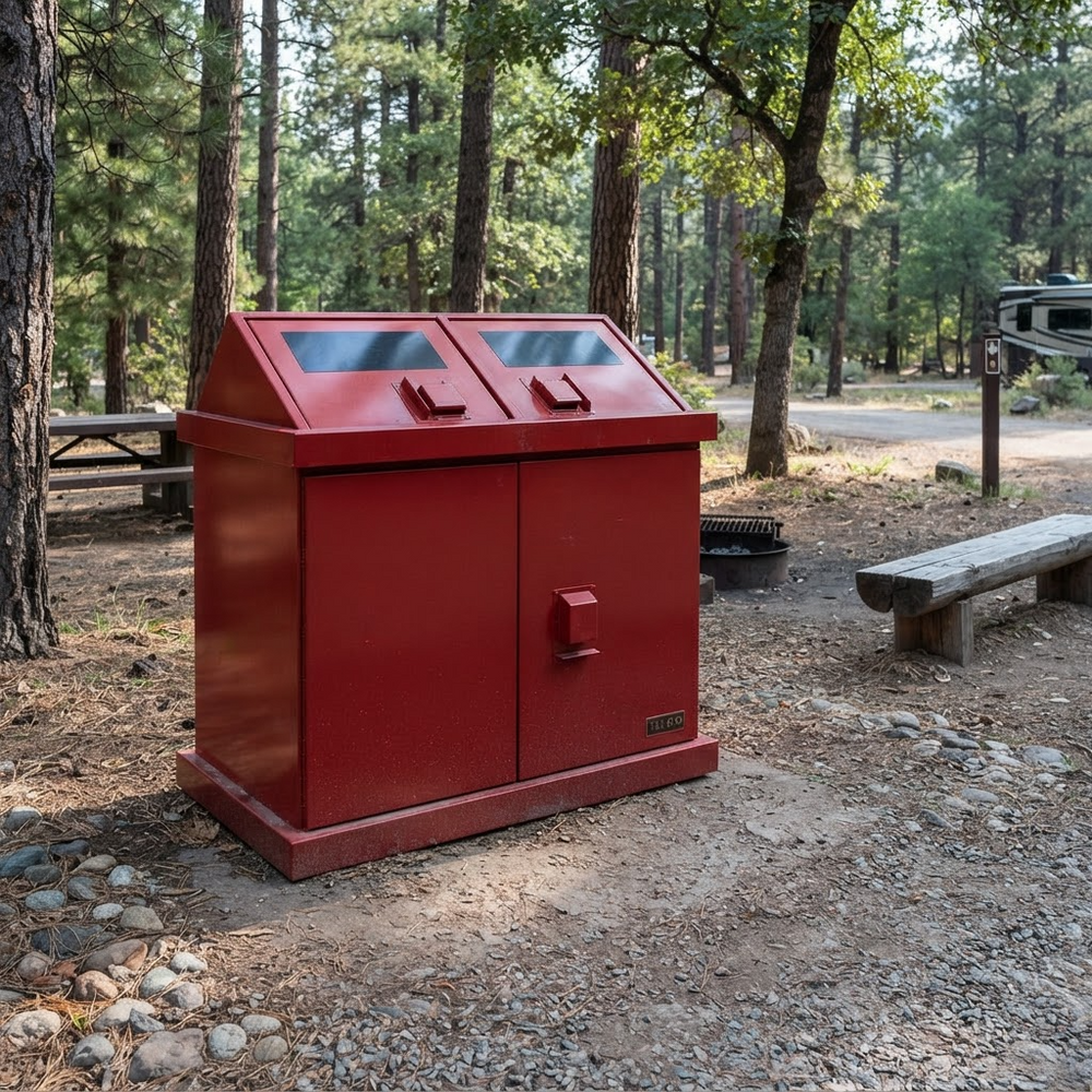 Heavy‑duty steel waste bin featuring two angled deposit openings and dual doors