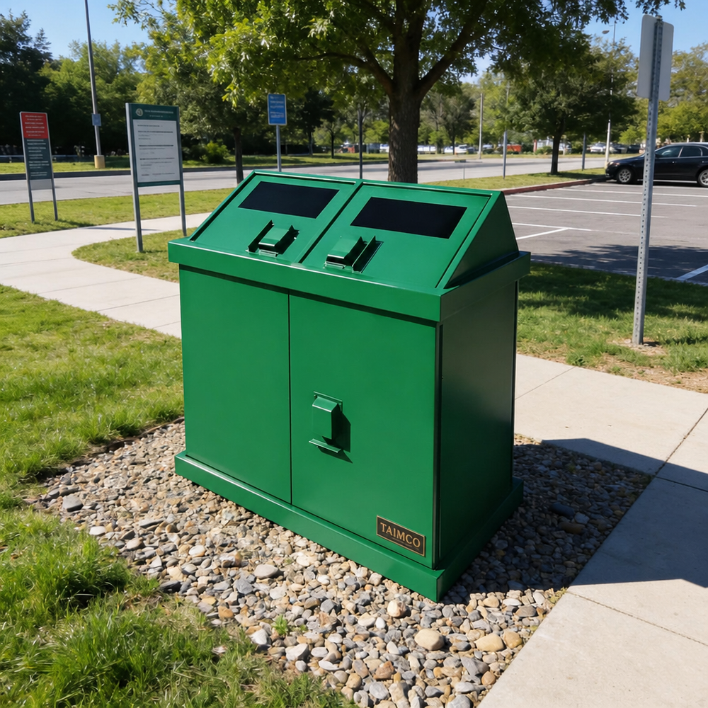 Commercial park waste bin with twin compartments and angled top hoods
