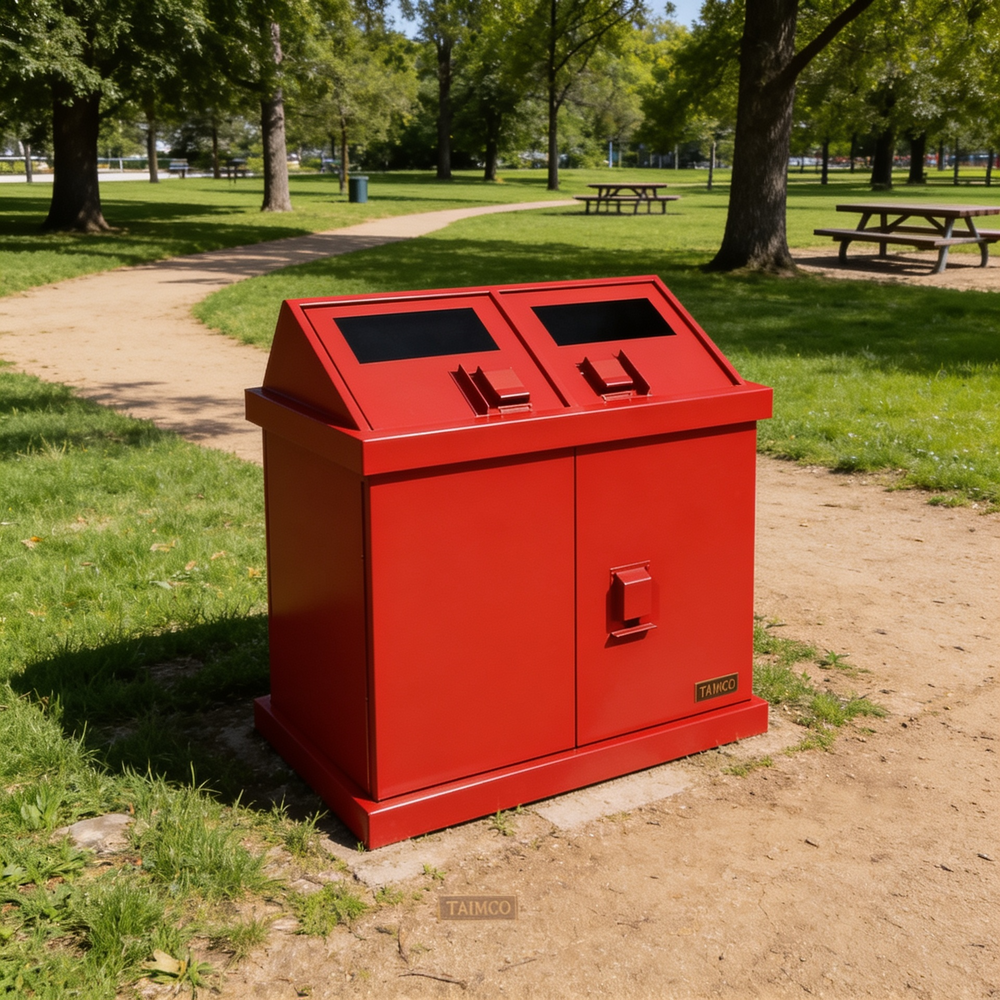 Metal double trash enclosure with front access doors and wide loading slots