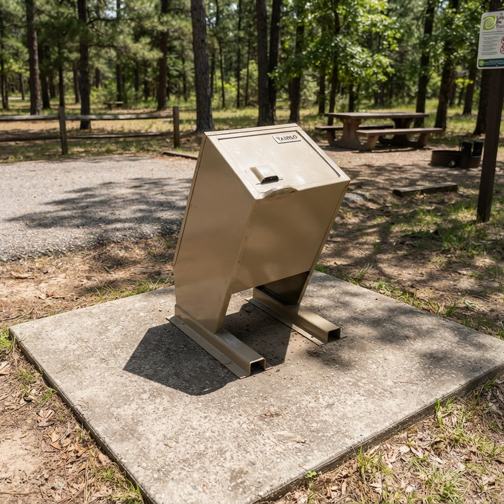 A beige metal trash compactor or waste container mounted on a square concrete base in an outdoor park setting with trees, dirt, and picnic tables in the background.