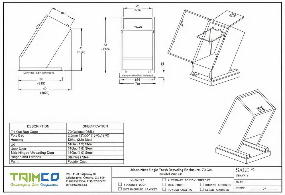 Technical specification sheet and dimension drawing for a 70-gallon urban next single trash recycling bin, showing multiple orthographic views with measurements, a description table, and a Trimco logo at the bottom.