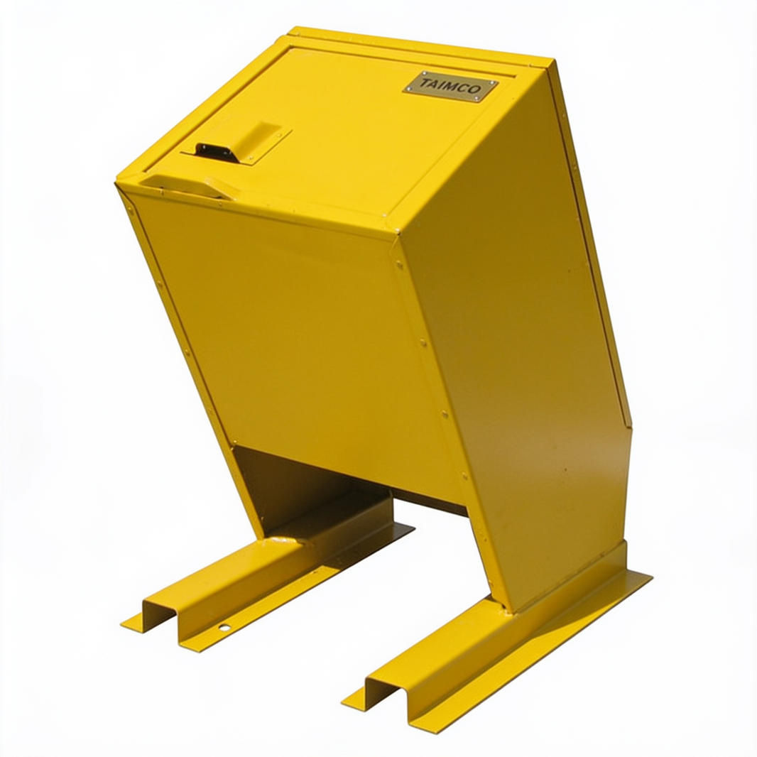 A bright yellow metal industrial bin or container on a matching yellow support base, photographed against a plain white background. A small label on the top reads 'YAIMCO'.