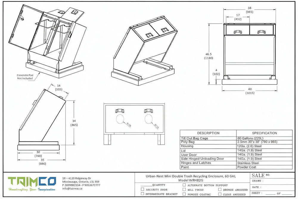 Technical specification sheet and dimension drawing for a TIMCO Urban Mini Nest Double Trash Recycling 80 GAL model, showing multiple line-art views with measurements and a spec table.
