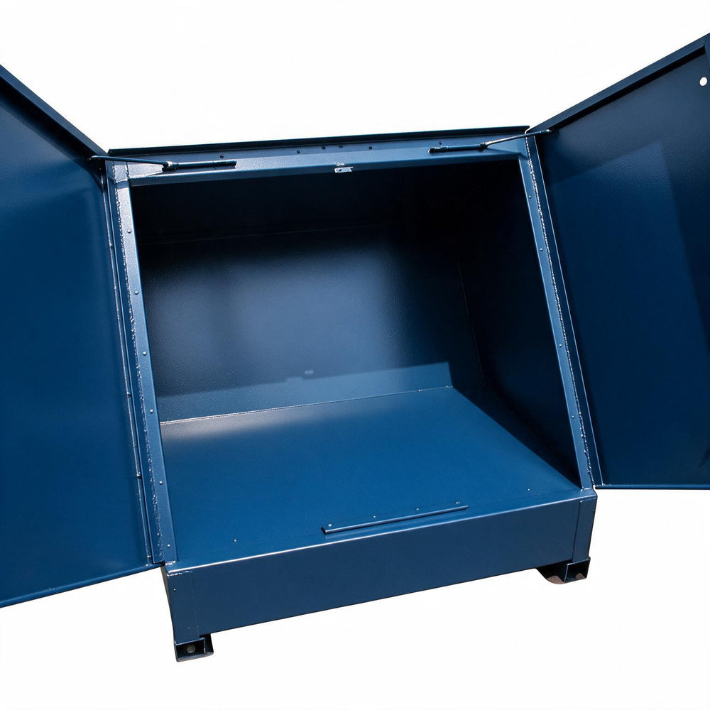 A dark blue metal storage cabinet with both doors open, showing a spacious interior space, photographed against a solid white background.