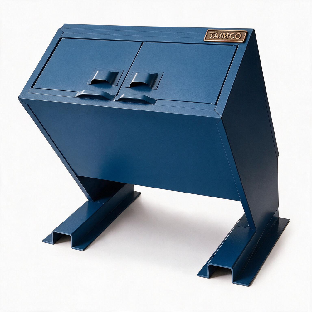 A dark blue metal utility cabinet with two front doors, integrated handles, and a small gold 'TAIMCO' brand plate on the upper right. The cabinet is supported by two angled steel legs with channel-style bases, shown on a clean white background.