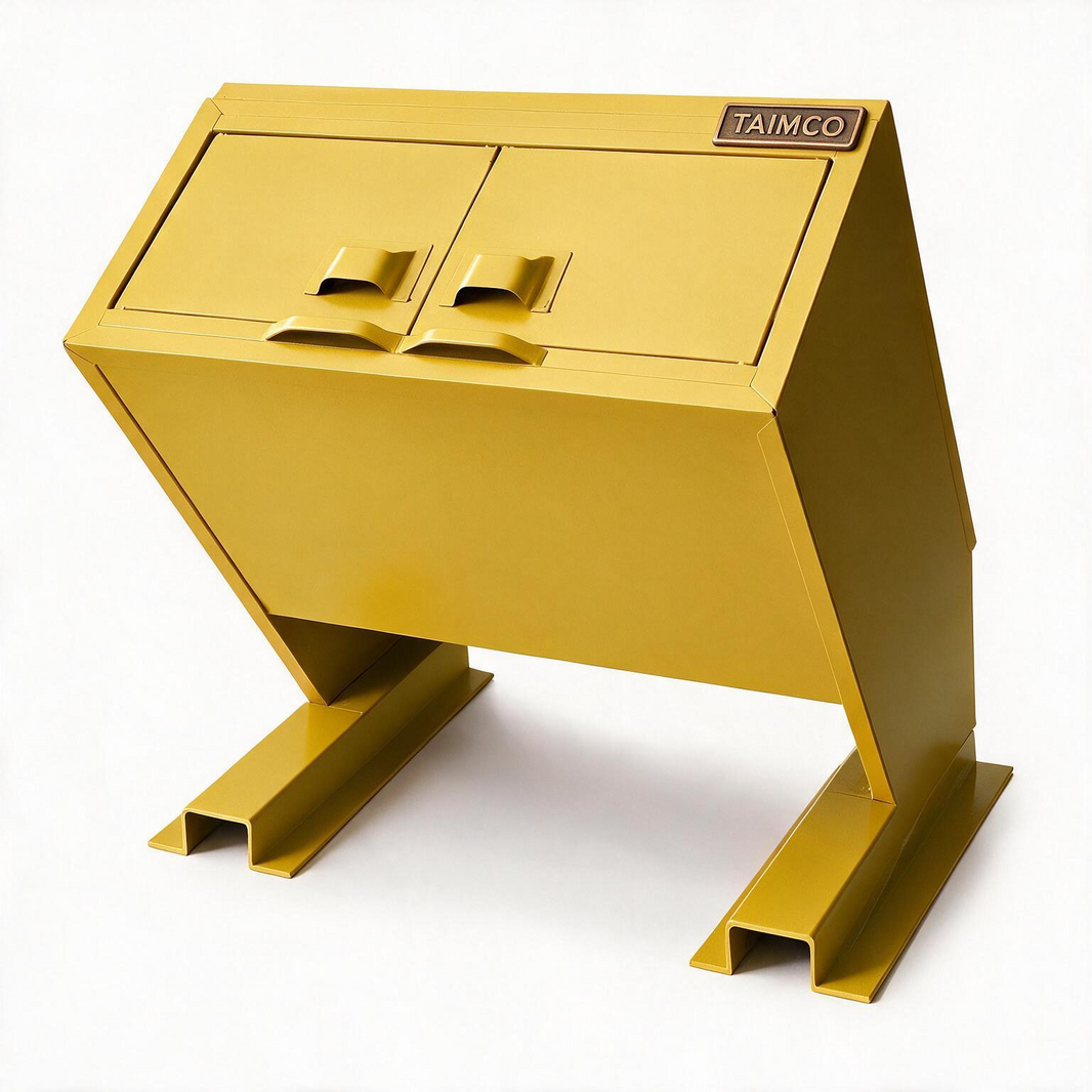 A bright yellow metal storage cabinet with two front doors and integrated handles, supported by angled steel legs, shown on a plain white background. A small TAIMCO brand plate is visible on the top right.