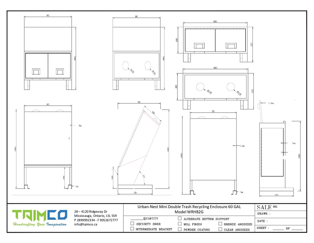 Technical drawing and specification sheet for a TIMCO Mini Double Trash Recycling Enclosure, 64-GAL, showing multiple orthographic views, dimensions, and a title block with contact information and model details.