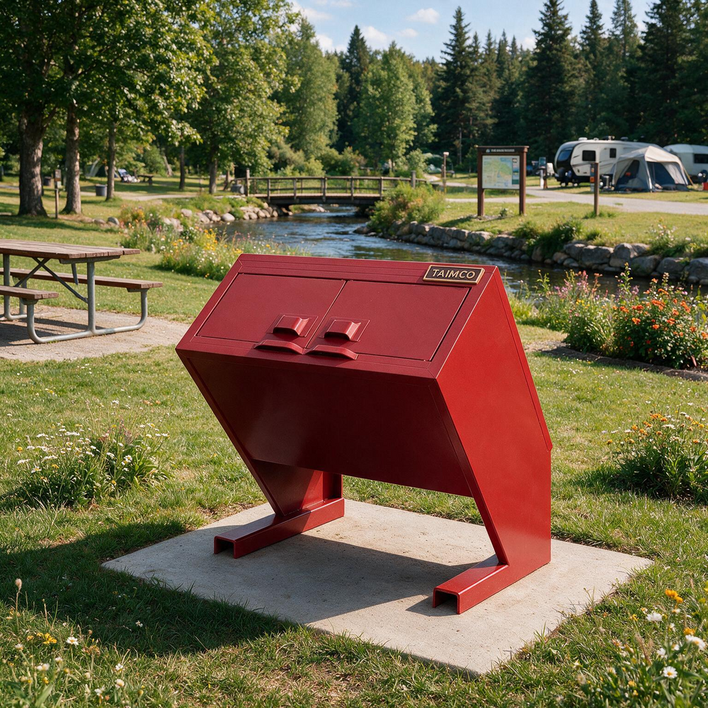A red metal trash can with a slanted lid, mounted on a concrete base in a grassy outdoor park area with trees, picnic tables, and a small stream in the background.