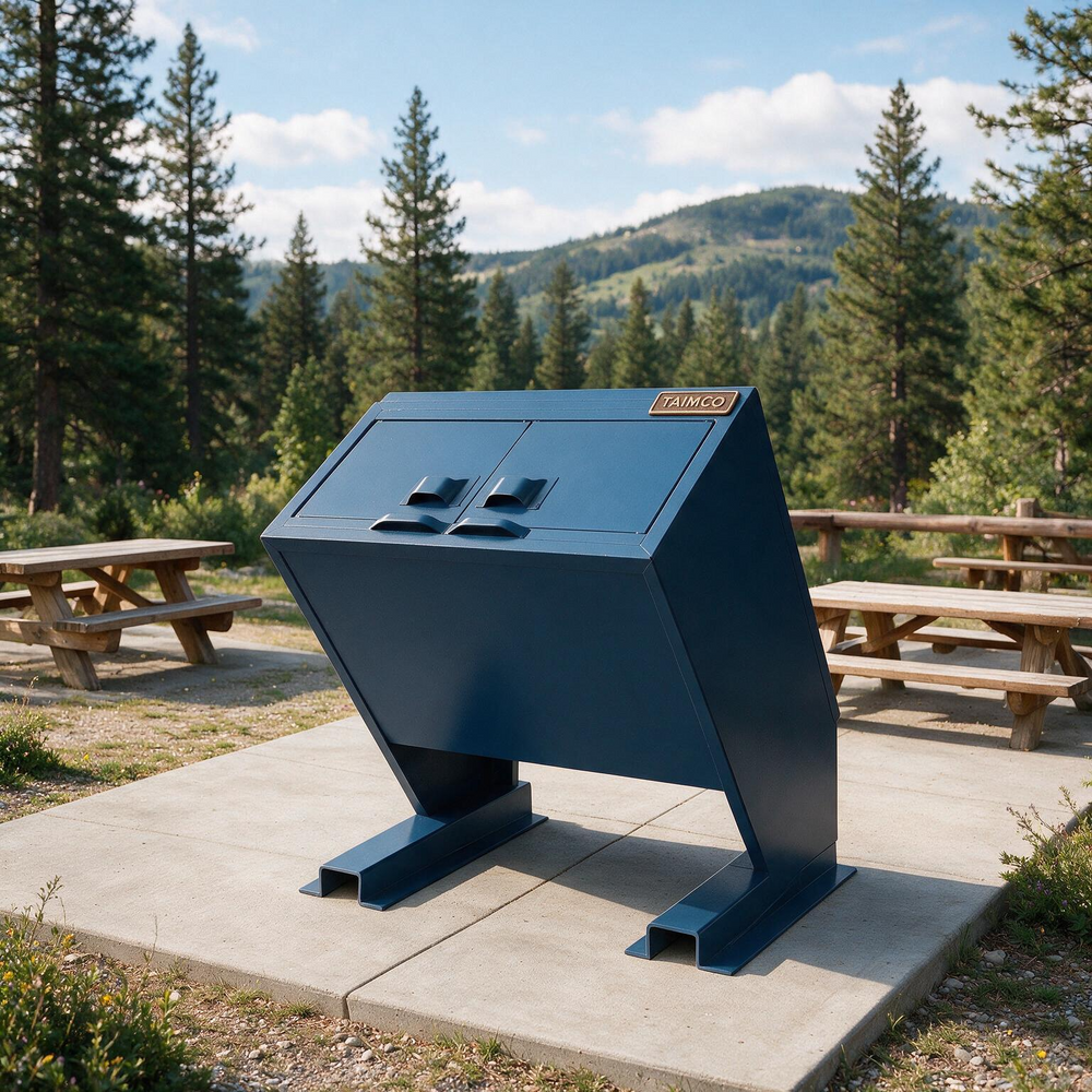 A large dark blue metal dumpster or waste container on a concrete pad in an outdoor park setting with picnic tables and pine trees in the background.