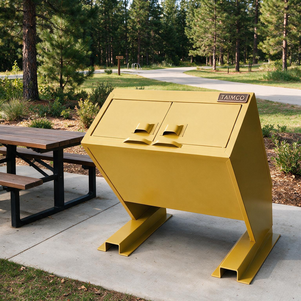 A bright yellow outdoor trash compactor with a metal storage cabinet on a concrete pad, next to a wooden picnic table, with a forest path in the background. The brand name 'TAIMCO' is visible on a small badge on the top right corner of the cabinet.