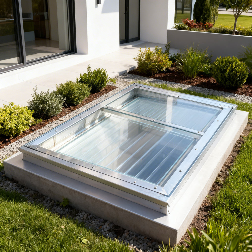 Glass rooflight on a concrete base in a garden setting