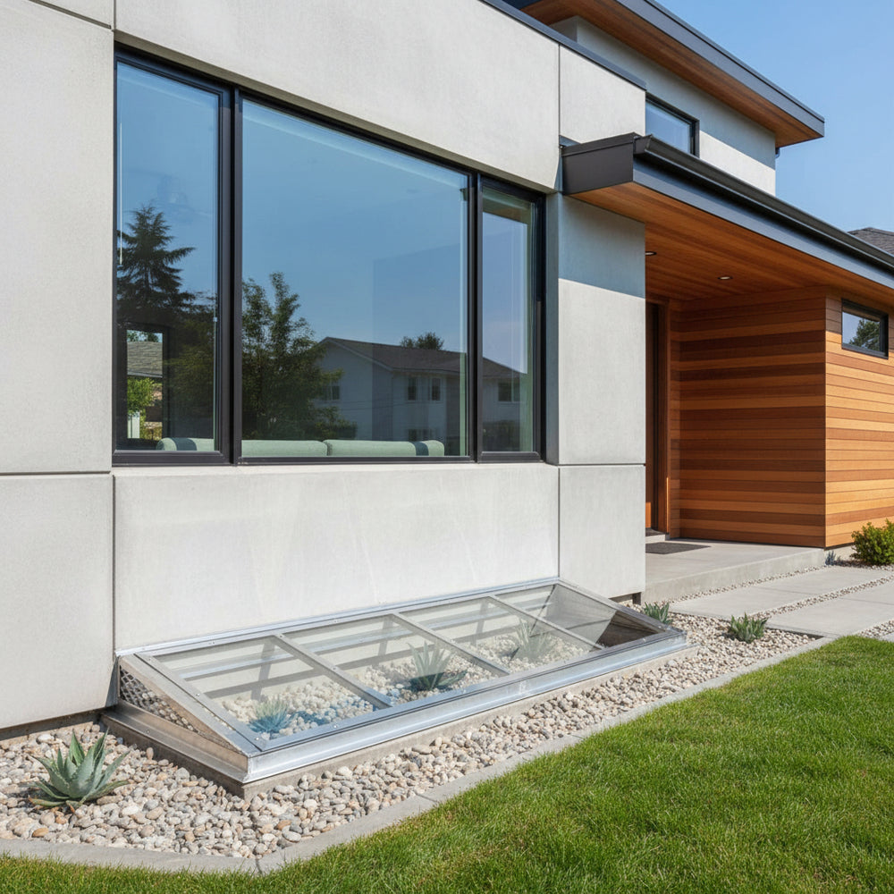 Modern house exterior with glass door and concrete foundation