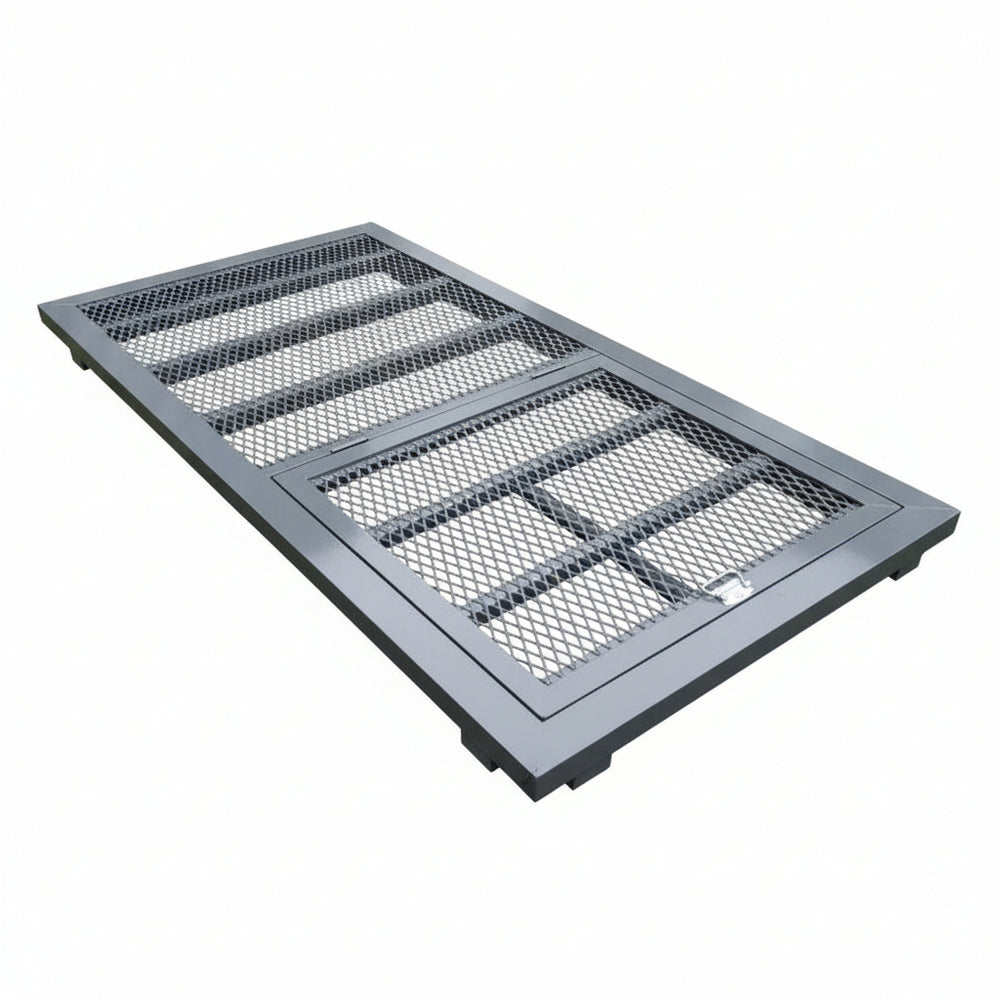 Heavy‑duty aluminum window well grate with expanded‑metal mesh and reinforced frame, designed for basement safety and ventilation.