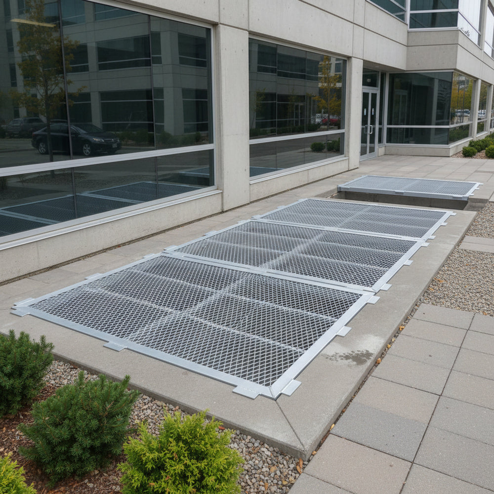Heavy‑duty aluminum window well grate with expanded‑metal mesh and reinforced frame, designed for basement safety and ventilation.