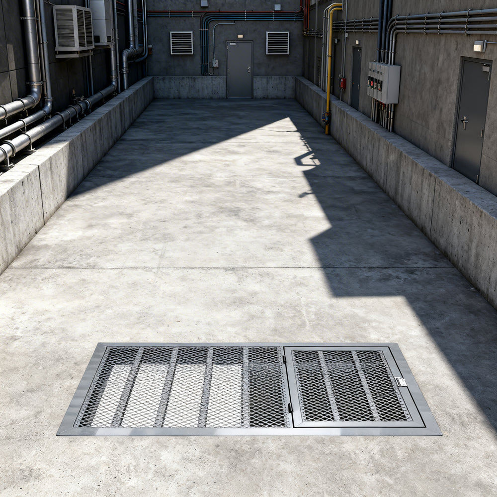 Heavy‑duty aluminum window well grate with expanded‑metal mesh and reinforced frame, designed for basement safety and ventilation.