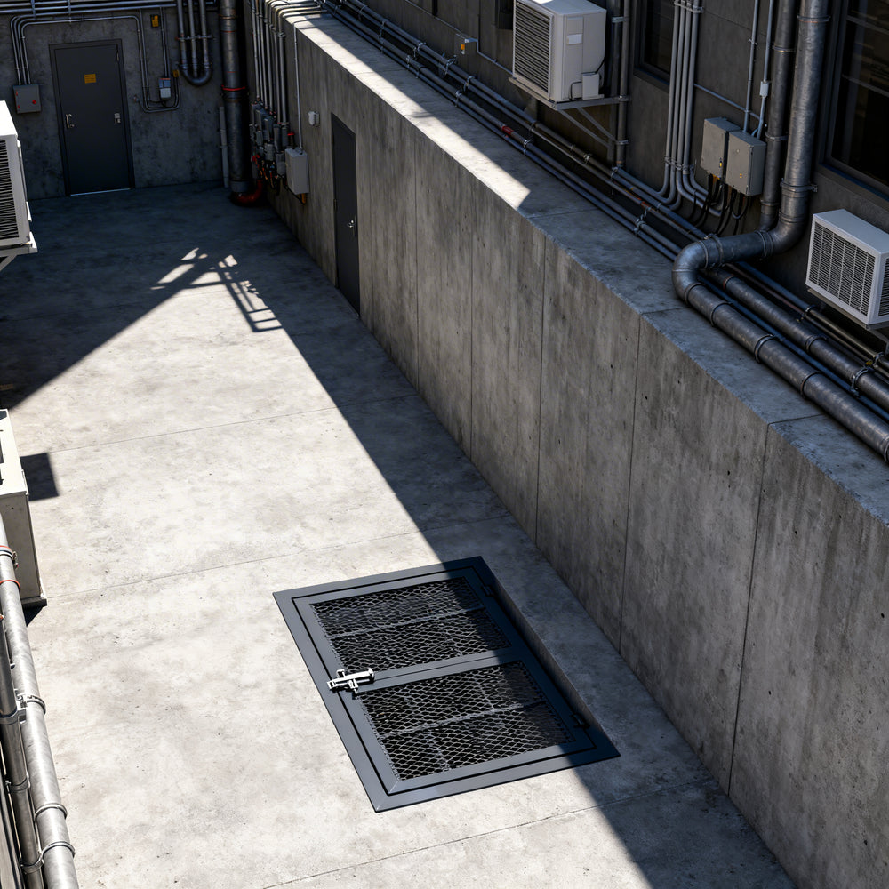 Heavy‑duty aluminum window well grate with expanded‑metal mesh and reinforced frame, designed for basement safety and ventilation.