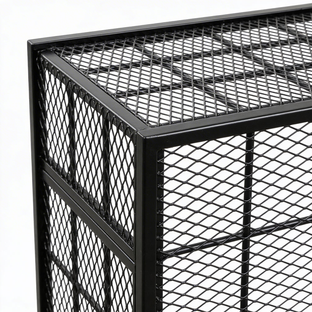 Powder‑coated steel window well grate with welded round‑bar grid and reinforced frame for basement safety and ventilation.