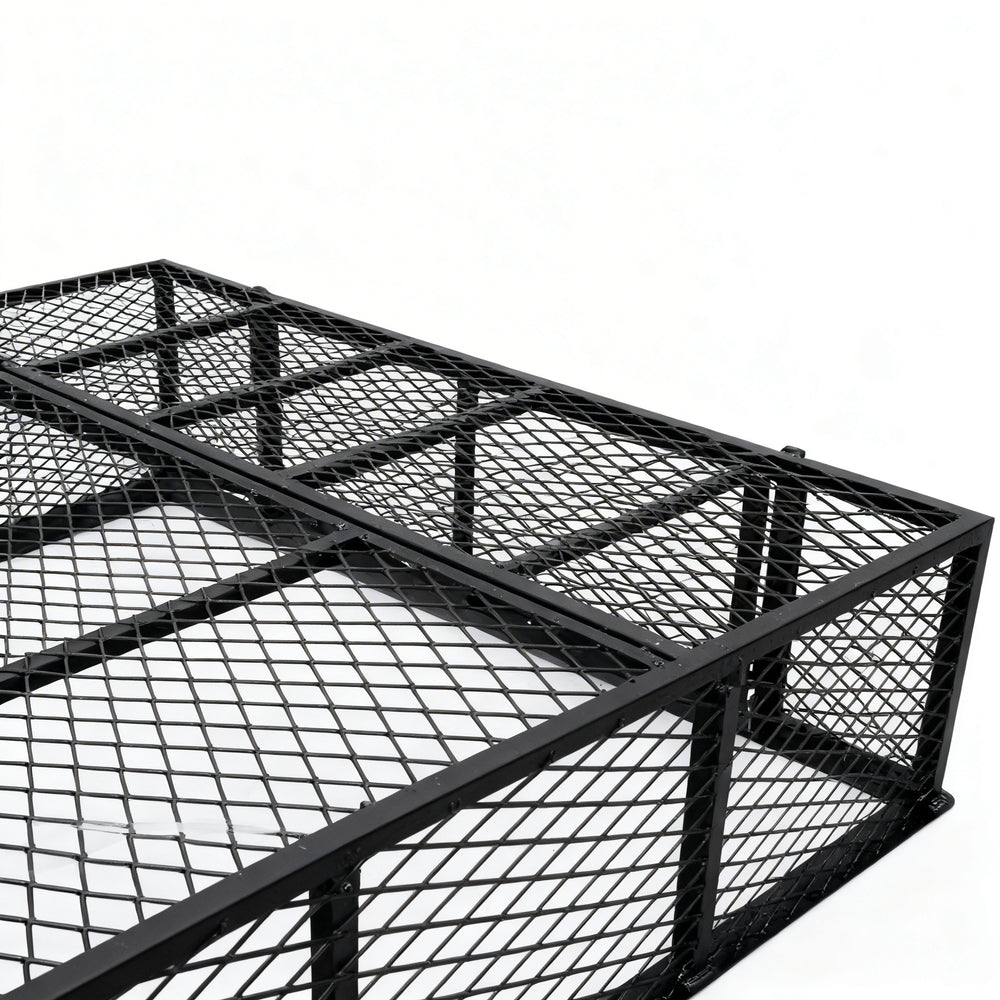 Powder‑coated steel window well grate with welded round‑bar grid and reinforced frame for basement safety and ventilation.