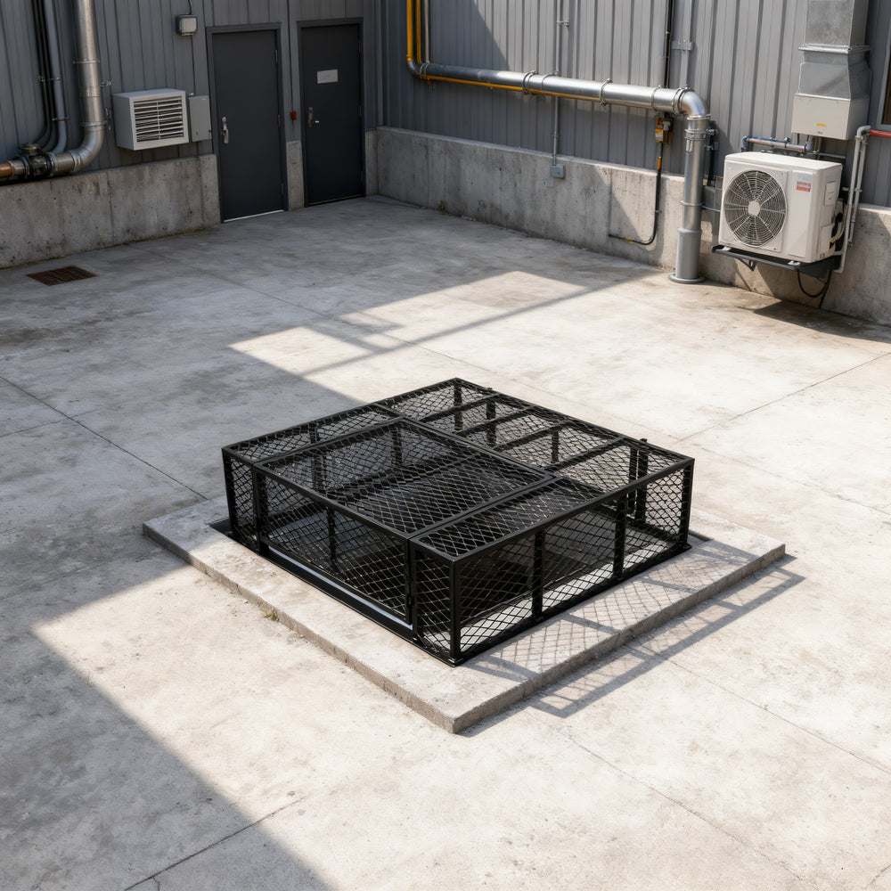 Powder‑coated steel window well grate with welded round‑bar grid and reinforced frame for basement safety and ventilation.