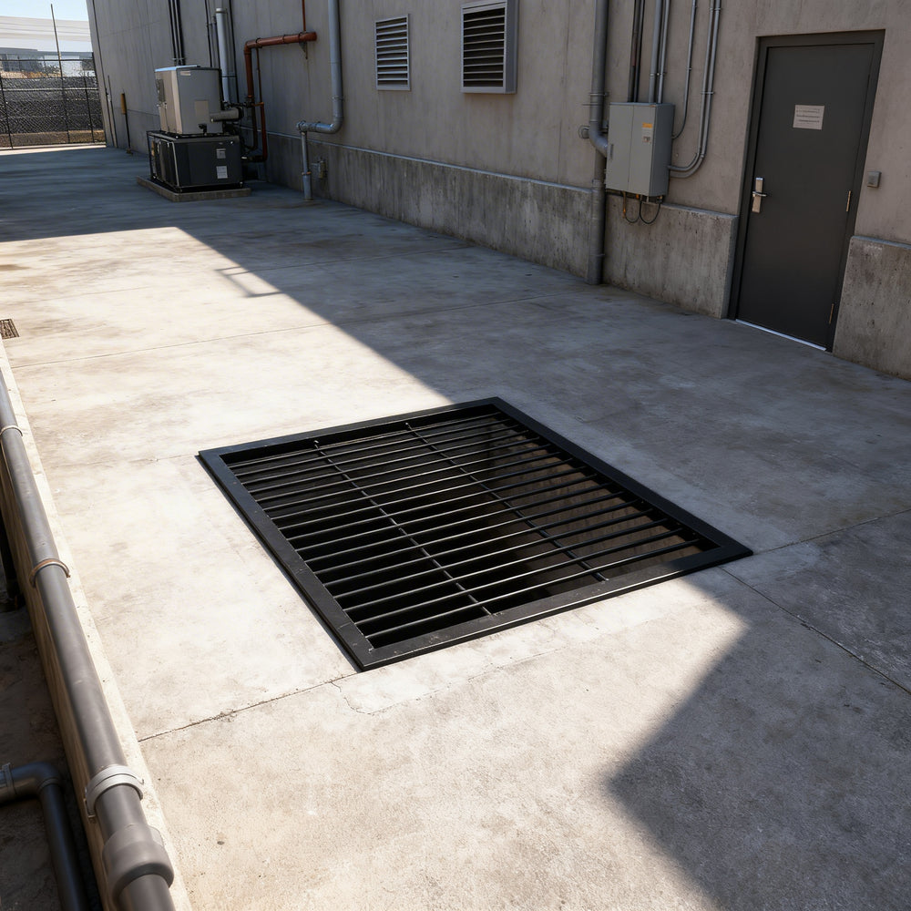 Powder‑coated steel window well grate with welded round‑bar grid and reinforced frame for basement safety.