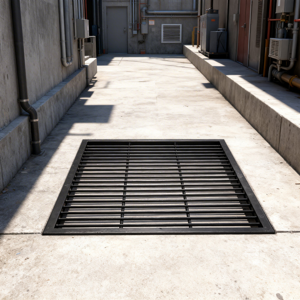 Black steel round‑bar window well grate installed over a gravel‑filled basement window well with a concrete border.