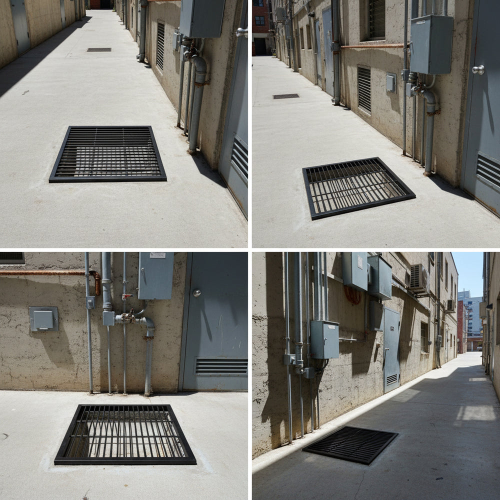 Powder‑coated steel window well grate with welded round‑bar grid and reinforced frame for basement safety.