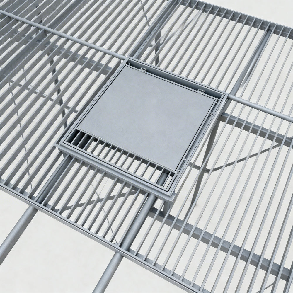 Metal grid structure with a central square panel on a white background