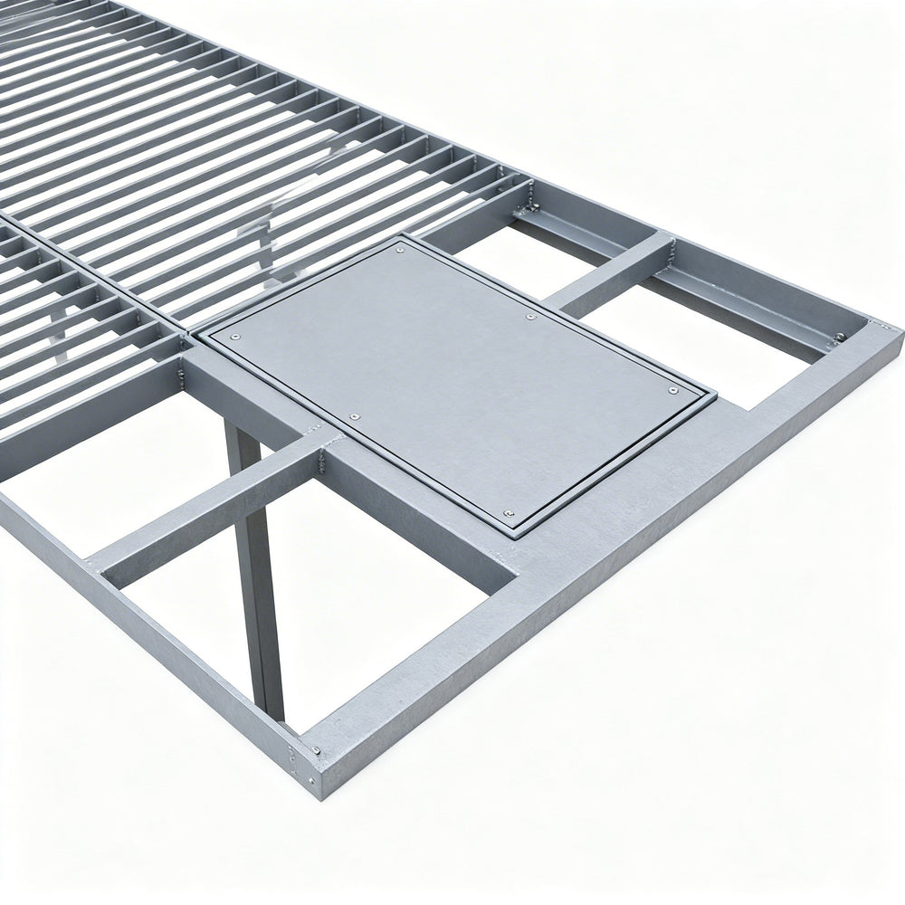 Metal grill frame with grates on a white background