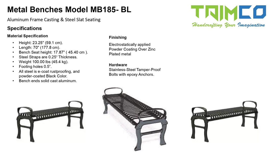 Charleston Steel Bench, Aluminum Frame Backless Slat Seating | With Hand & without Backrest | Model MB185-BL