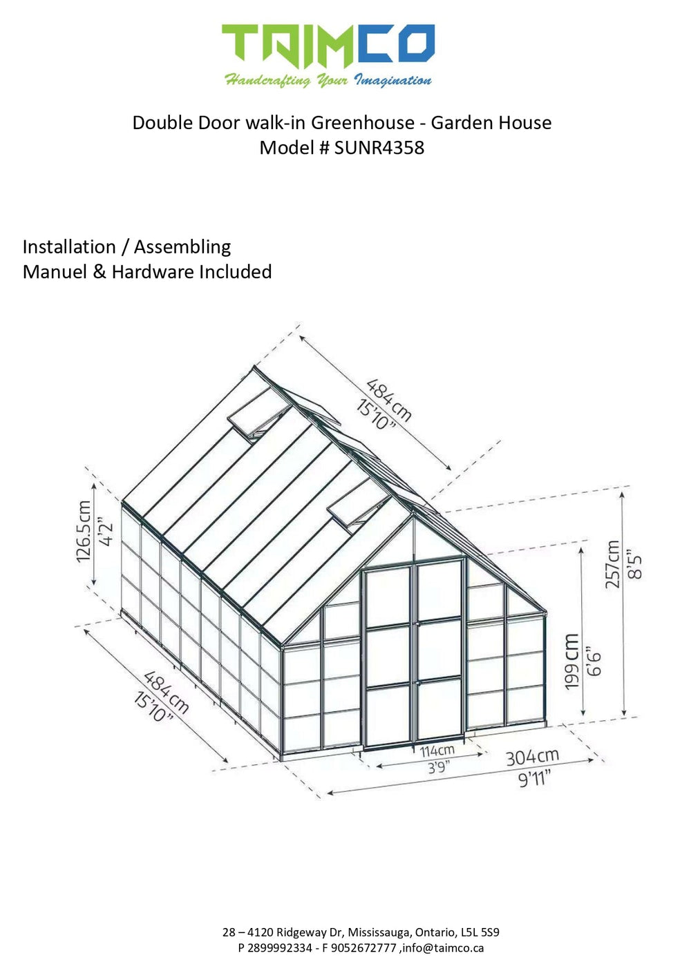 Double Door walk-in Greenhouse - Garden House – Model # SUNR4358-Taimco