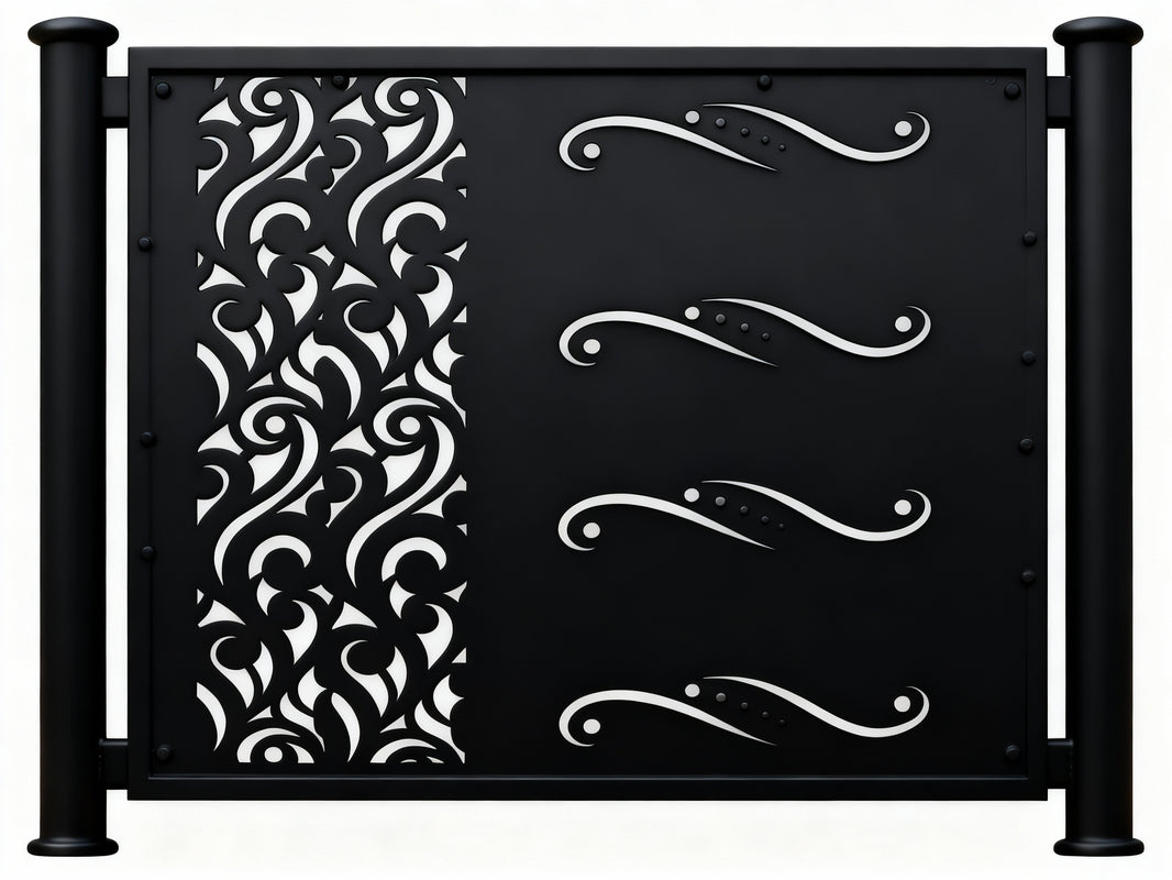 Swirlveil Passage – Decorative man door with asymmetrical vine scrollwork and vertical swirl medallions Model # MG002