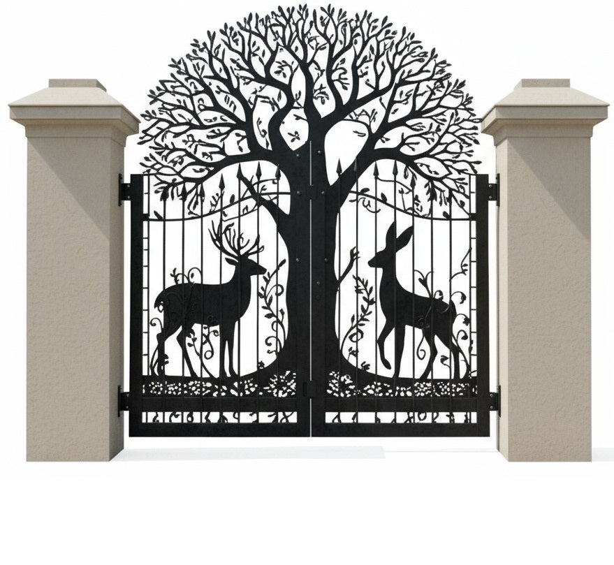 Verdant Embrace – Tree & Wildlife Silhouette Wrought Iron Driveway Gate Model # DWG482