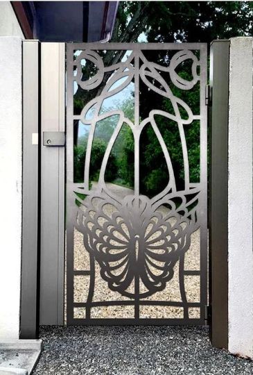 Gorgeous Laser Cut Artistic Moth & Mushroom Design Metal Garden gate | 3D Modern Fabrication Metal Back Yard Gate| Made in Canada – Model # 777-Taimco