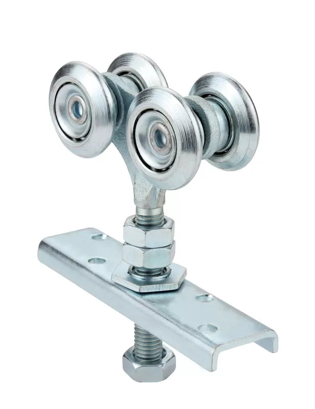 Hanging Door 4 Rollers Runner Assembly Iron Zinc Silver | Carriage Wheel Heavy Duty - Model # HR25 ( Pack of 100 )-Taimco