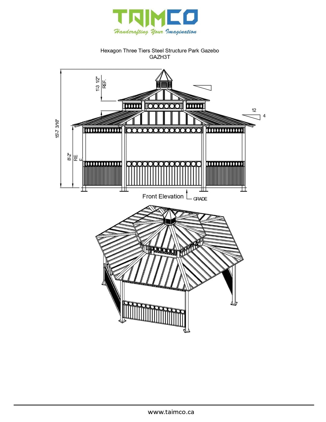 Hexagon Three Tiers Steel Structure Park Gazebo | Model # GAZH3T-Taimco