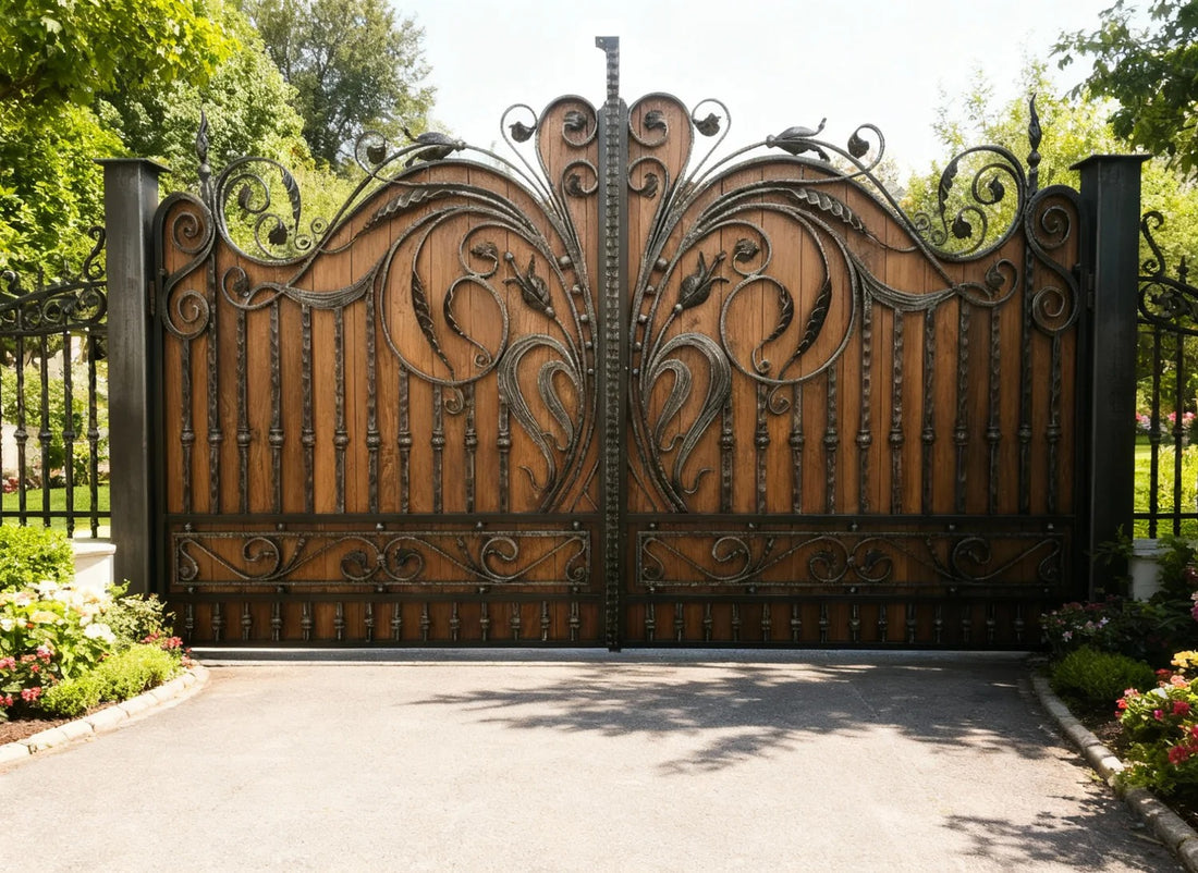 Decorative wrought iron gate with wooden panels in a garden setting