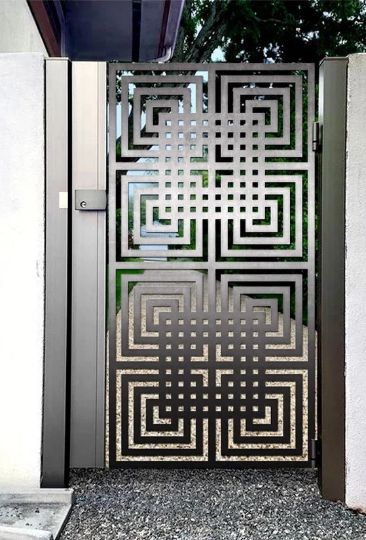 Laser Cut Artistic Geometric Doodle Square Design Metal Pool Gate| Modern Fabrication Iron Garden Gate | Made in Canada – Model # 734-Taimco