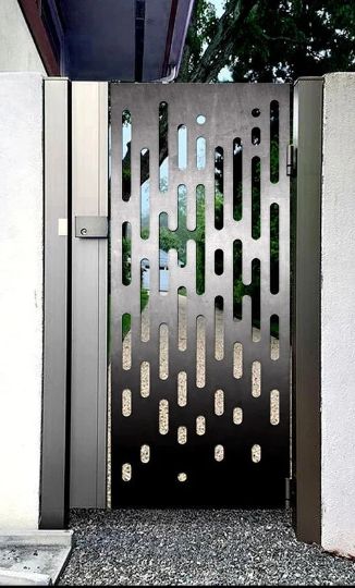 Laser Cut Artistic Illusion Vertical Line Design Metal Garden Gate| Modern Fabrication Iron Pool Gate | Made in Canada – Model # 751-Taimco