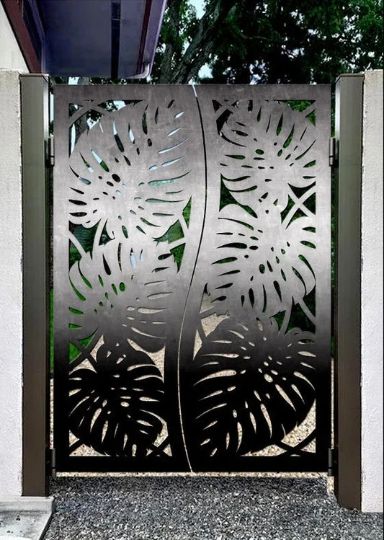 Laser Cut Artistic Leaf Design Wrought Iron Gate | Custom Duty Metal Yard Gate | Made in Canada – Model # 818-Taimco
