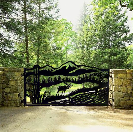 Laser Cut Mountain Design Metal Gate | Heavy Duty Driveway Gate - Made In Canada - Model # 716-Taimco
