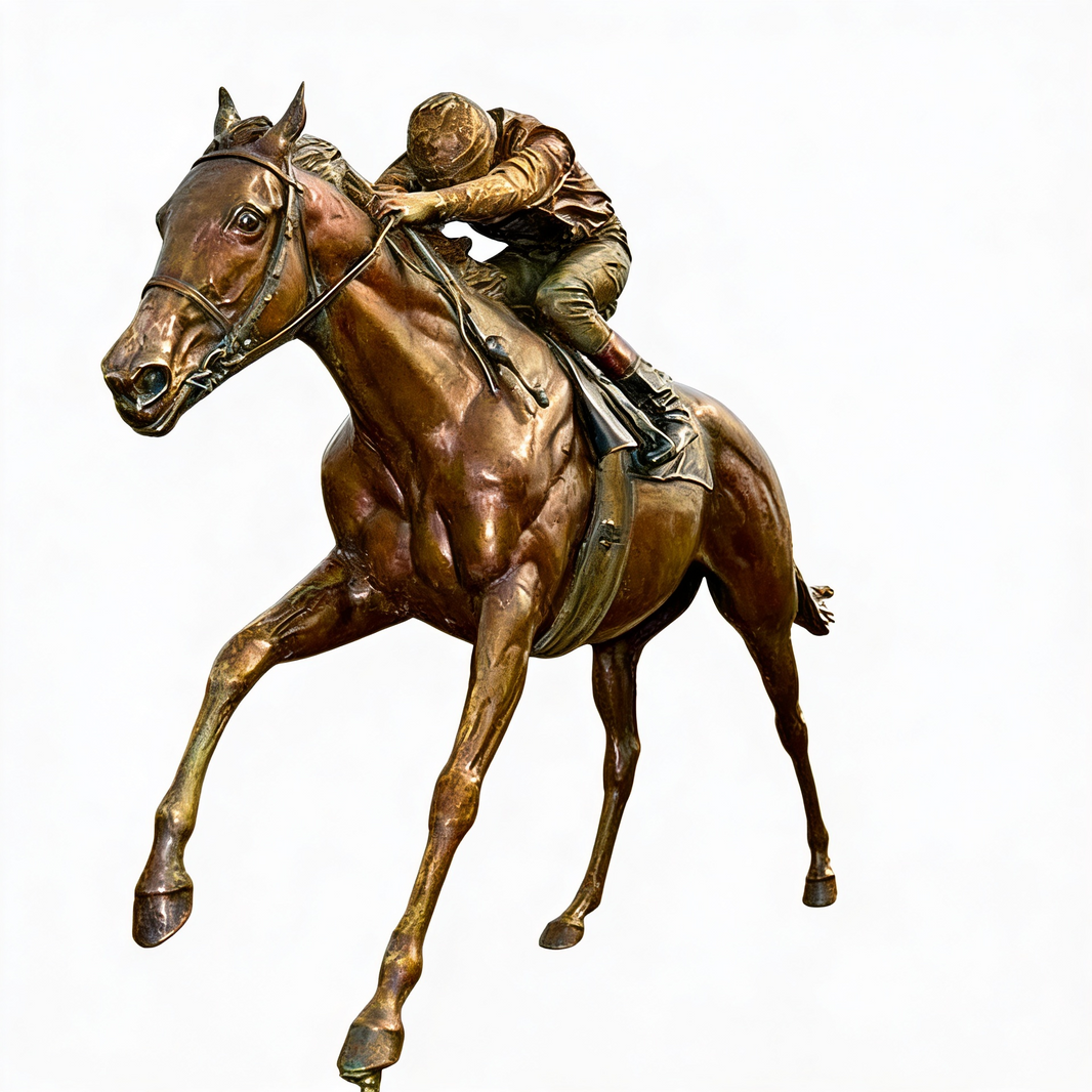 Bronze sculpture of a horse and rider on a white background