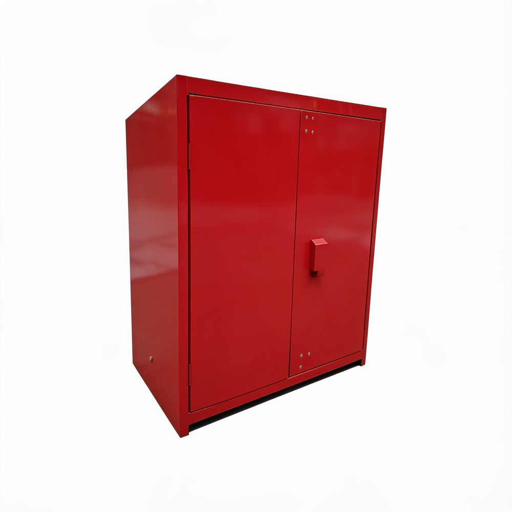 Heavy‑duty outdoor trash bin with two top‑loading lids in red finish