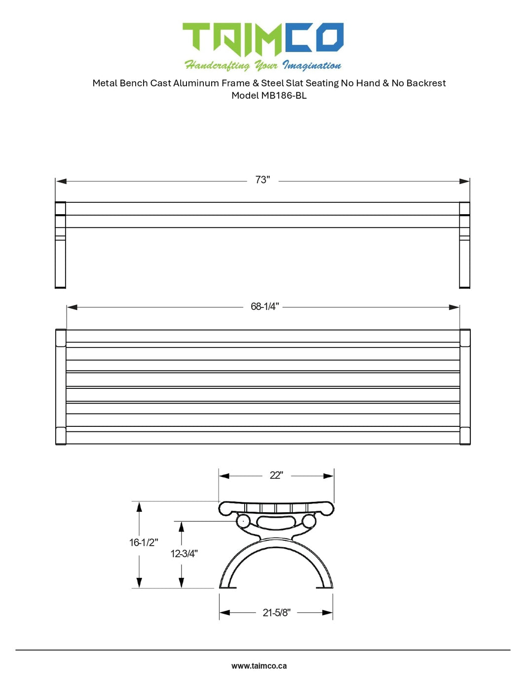 Metal Bench Aluminum Frame Cast & Steel Slat Seating | No Hand & No Backrest | Model MB186-BL