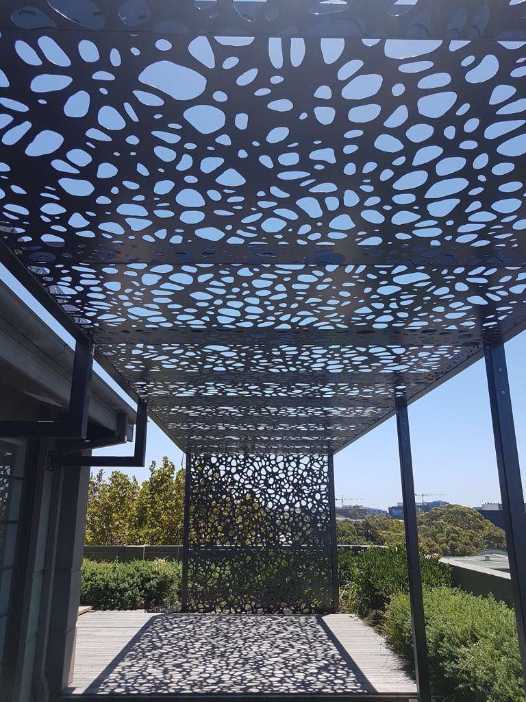 Metal Laser Cut Intricate Mosaic Design Roof Panel |Custom Fabrication Metal Pergola and Gazoby Space Shade | Made in Canada – Model # PP587-Taimco