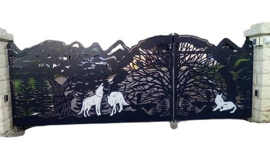 Modern Laser Cut Forest Wolf Design Entry Gate| Custom Fabrication Heavy Duty Metal Entrance Gate | Made in Canada – Model # 182