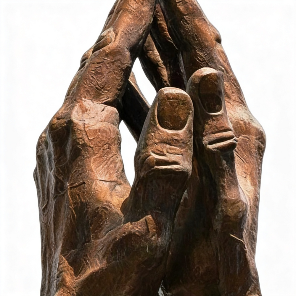 Wooden sculpture of a hand holding a shoe on a white background
Textured metallic hands pressed together on a solid base